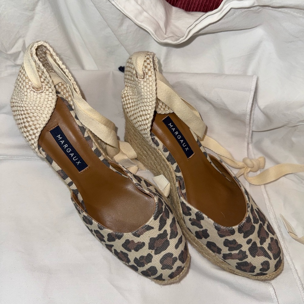 Margaux Narrow Tan & Brown Espadrille Wedges Leather Trim Classic Summer Sandal